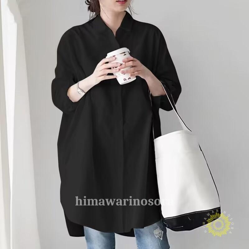 ロングシャツ レディース 春 夏 春夏 黒 白 シャツ ブラウス オーバーサイズ 長袖 体型カバー カーキ ..