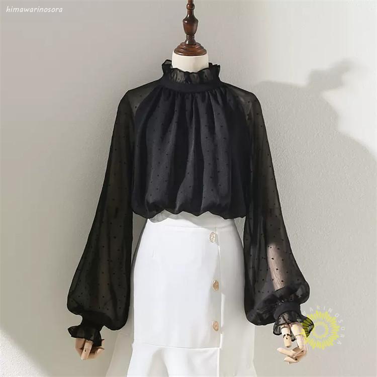 ブラウス ドット柄 レディース トップス プルオーバー 長袖 シースルー ハイネック フリル 裏地 大きいサイズ 春秋冬 シフォン 水玉柄 ぽわん袖 フリルブラウス