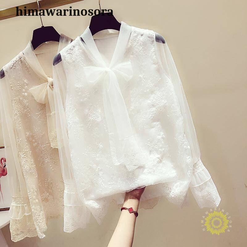レースブラウス ラッパ袖 ボウタイネック 透かしレース シャツ ブラウス 長袖 トップス レディース