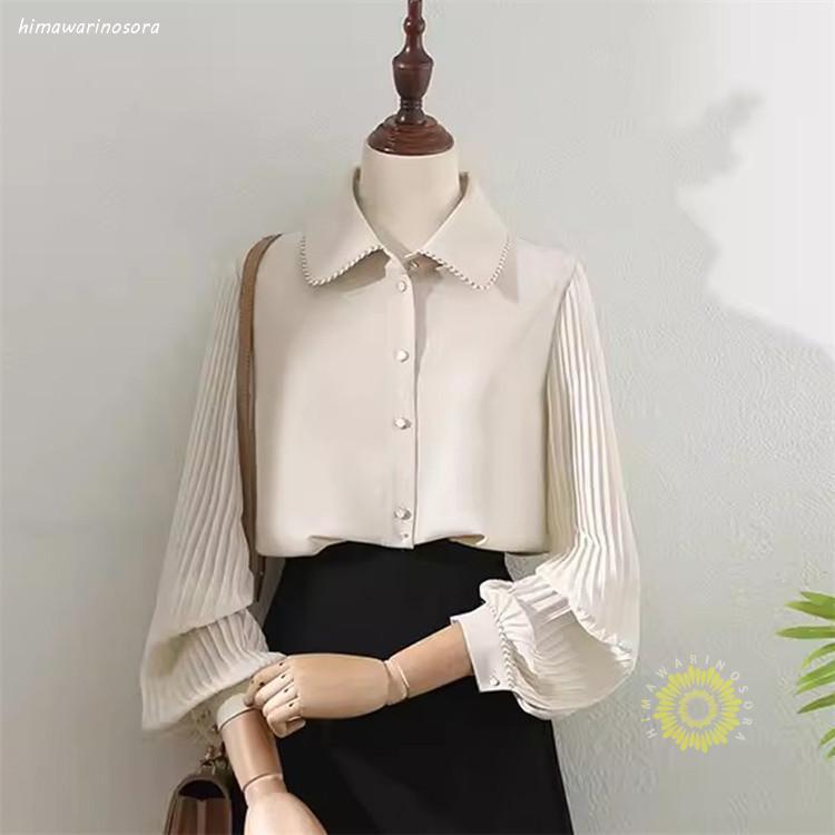 　シャツ レディース トップス ブラウス 長袖 レギュラーカラー ゆったり 春 夏 秋 衿 襟 ボリューム袖 消しプリーツ袖 フロントボタン シャツブラウス 　