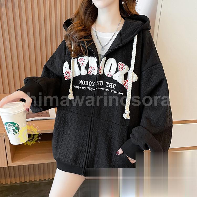 パーカー レディース 長袖 秋 トップス プルオーバー ゆったり フード付き 前開き 英字柄 可愛 アウタ..