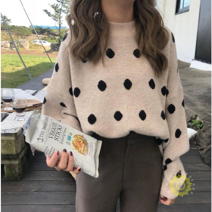 ニット レディース セーター 水玉柄 ドット柄トップス ニットセーター 秋冬 カットソー 長袖 ニットウェア 着やすい カジュアル