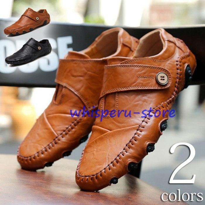 ゴルフシューズ メンズ レザースリッポン 革靴 カジュアルシューズ 合成皮革 レザー シンプル ブラック..