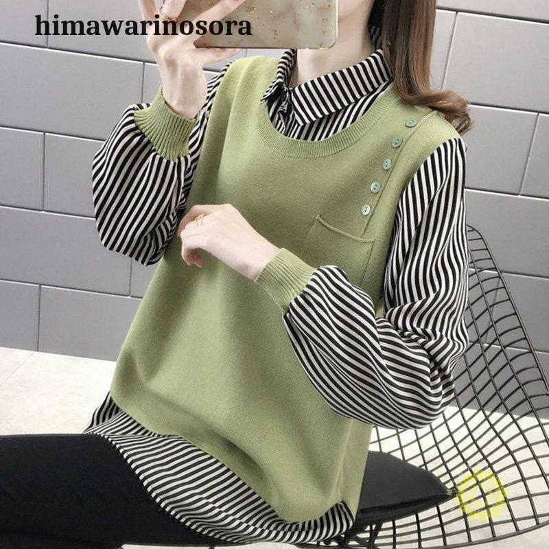 ストライプ柄 ニット ニットチュニック 切り替えブラウス レイヤード風 襟付き 長袖 レディース トップス