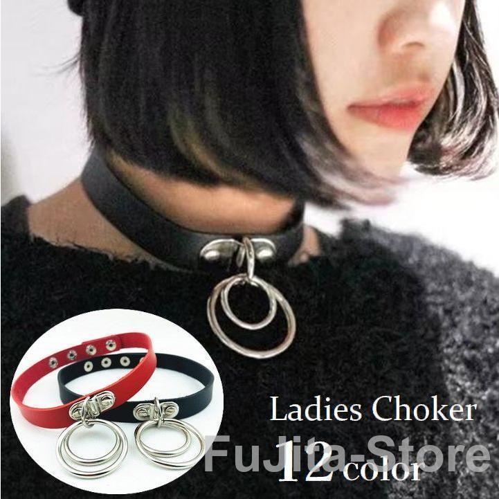 チョーカー 首飾り レディース ネックレス アクセサリー レザー調 フェイクレザー ダブルリング サーク..
