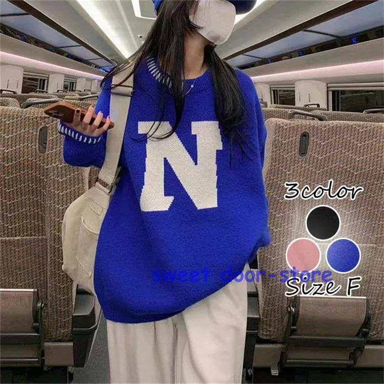 Rakuten - ニット セーター レディース トップス 秋 長袖 ブラック ブルー ピンク ライトニット ゆったり カジュアル ファッション 通勤 普段着