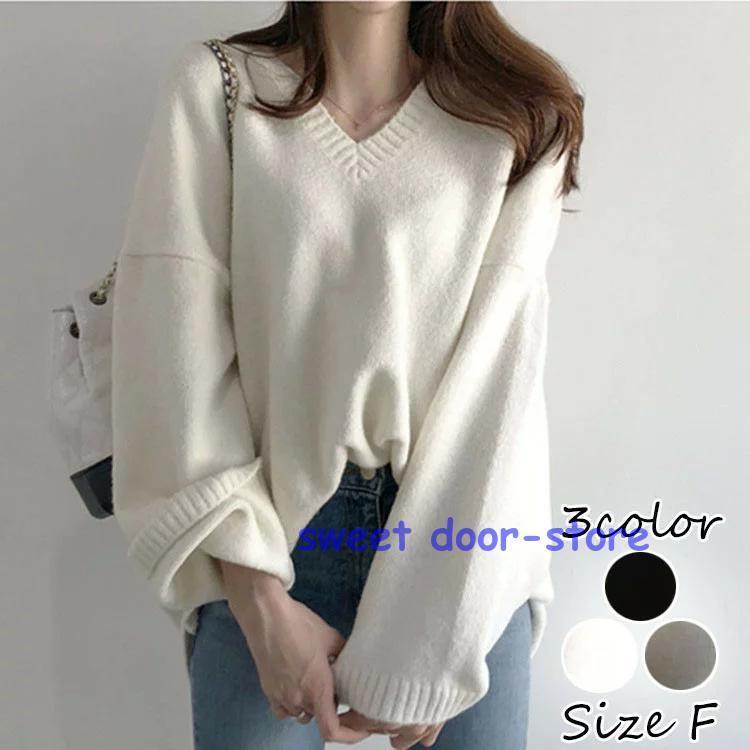 ニット セーター レディース トップス 秋 長袖 ブラック ホワイト カーキ ライトニット ゆったり カジュアル ファッション 通勤 普段着