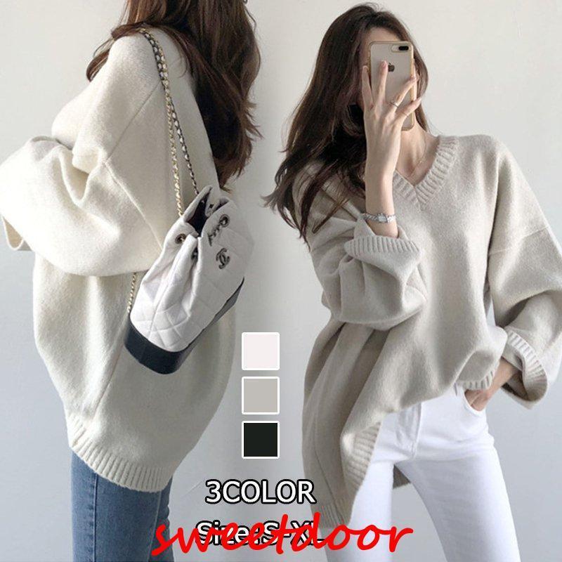 Long-Sleeved Knit - ニットセーター レディース ニットソー Vネック セーター 長袖 トップス プルオーバー 大きいサイズ 体型カバー 秋 冬