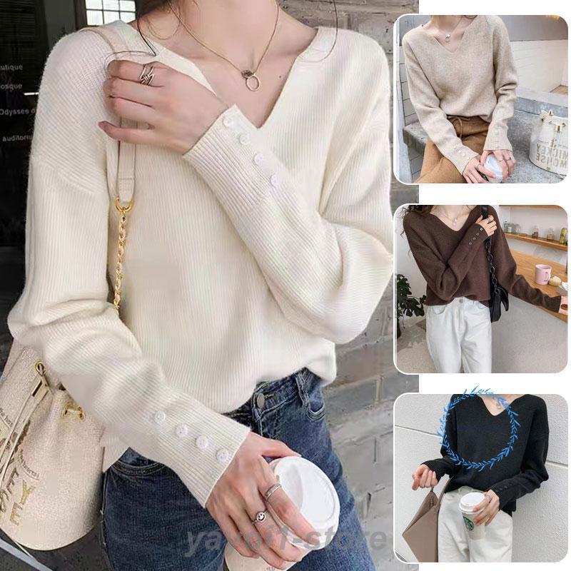 リブニット Vネック ニットセーター レディース トップス 長袖 無地 袖ボタン プルオーバー ゆるニット