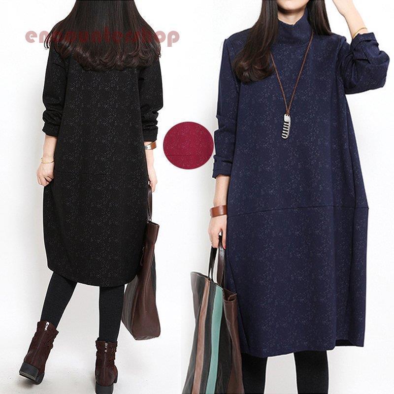 ワンピース チュニック レディース 花柄 40代 ロング 体型カバー 膝丈 ハイネック 長袖 ミニ ひざたけ ゆったり 大きいサイズ 50代 通学 赤 黒