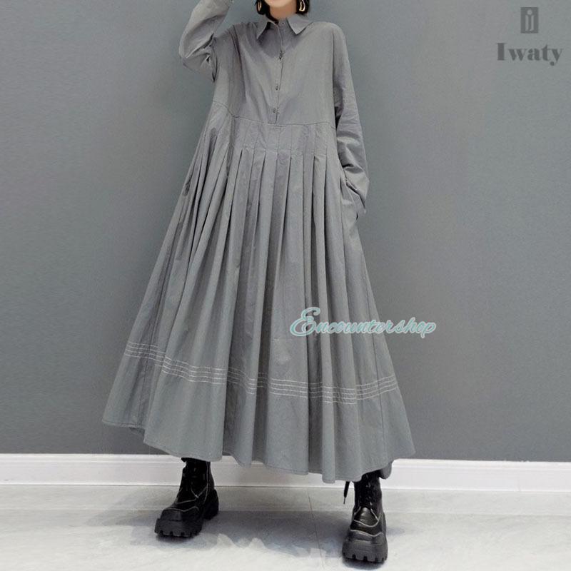 カジュアルギャザー飾りシャツ襟ワンピース