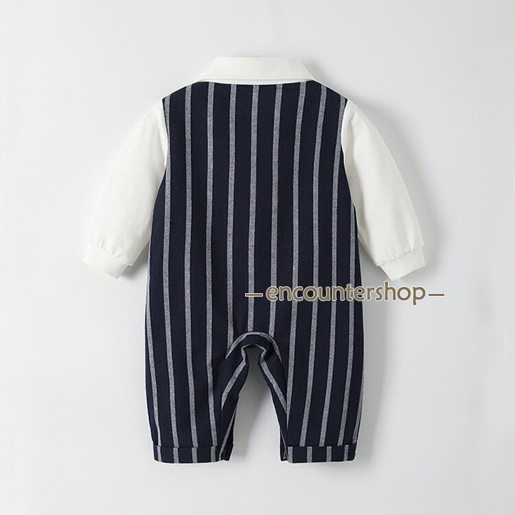 ニャンワークショップのロンパース カバーオール 子供服 ベビー服 男の子 赤ちゃん 縞柄 新生児 長袖 出産祝い 百日祝い 退院 出産準備 お出かけ フォーマル プレゼント 韓国 可愛い｜アングル3