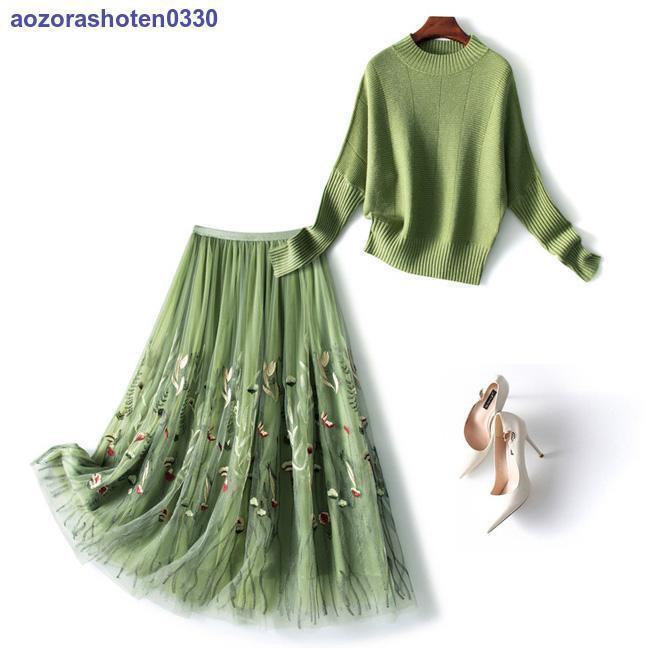 ニットセーター スカート 2点セット セットアップ Aライン 花柄 ニットドルマン トップス ボトムス