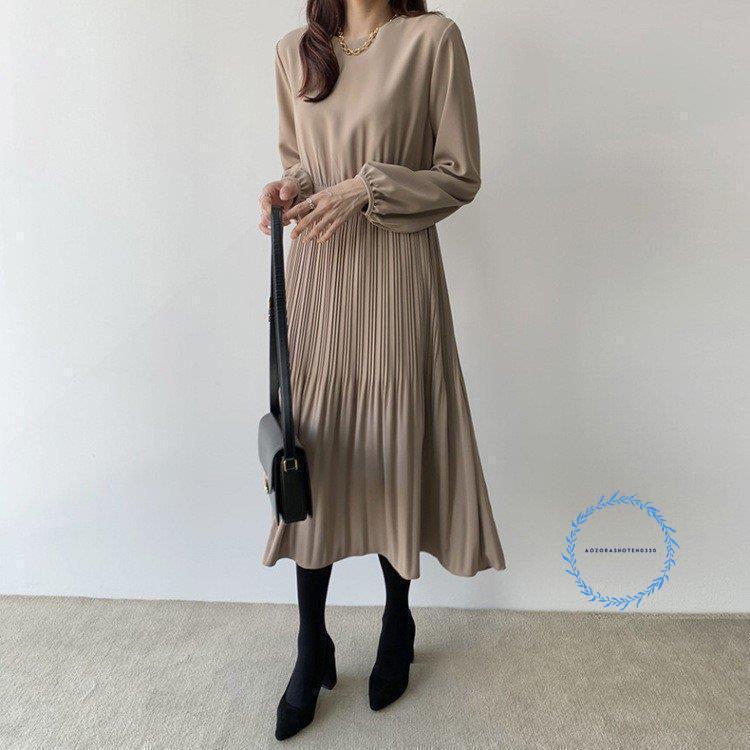 ロングワンピース 春 秋 レディース ワンピース Aライン 着痩せ ミモレ丈 きれいめ 無地 プリーツ 上品 大人 通勤 OL 二次会 エレガント 春コーデ 30代 40代