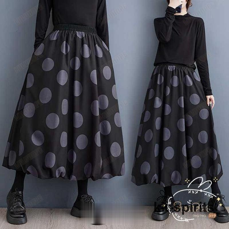 バルーンスカート レディース ロング スカート aラインスカート ドット柄 ハイウエスト ウエストゴム ロングスカート ボトムス マキシ丈