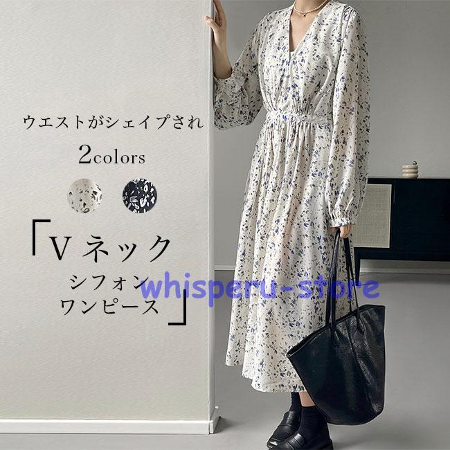 樂天商城 - 春 ワンピース 花柄 レディース 長袖ワンピース 秋 シフォンワンピース Vネック ロングワンピ レトロ エレガント 長袖 ドレス ハイウエスト 柄ワンピ