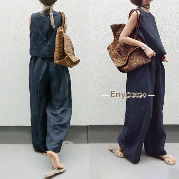 セットアップ レディース 夏 春 Tシャツ ブラウス 袖なし ノースリーブ カジュアル ワイドパンツ 無地 きれいめ ロングパンツ 体型カバー 着痩せ