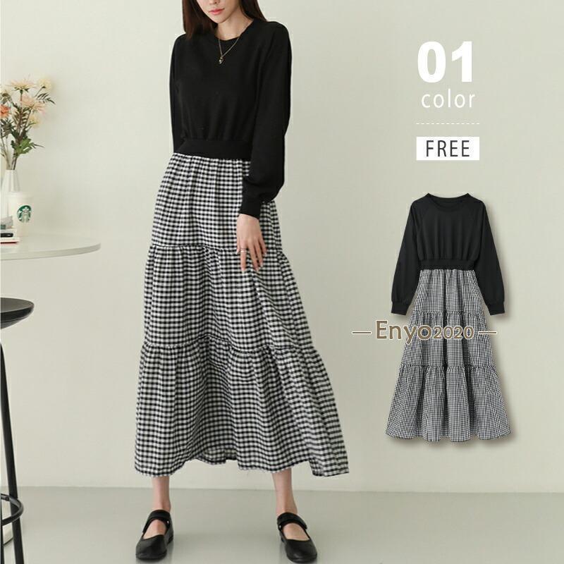 ワンピース 春 レディース カジュアル きれいめ ギンガムチェック ドッキングワンピース 異素材 異素材切り替え スカート チェック柄 クルーネック ロング テ