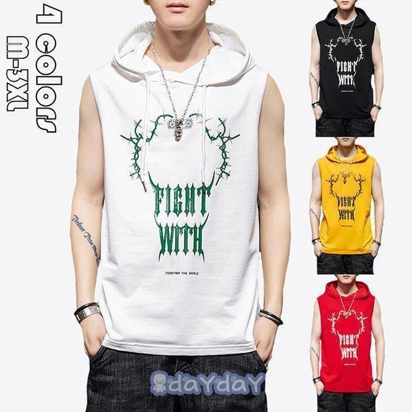 パーカー メンズ おしゃれ スウェット プルオーバー 袖なし プリント トップス フード付き フェイクレイヤード Tシャツ お兄系 夏 20代30代40代 4色