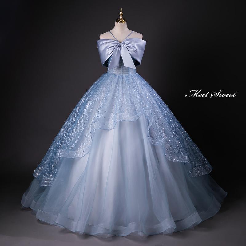 カラードレス プリンセスライン ロングドレス ブルー フリル リボン パール ウェディングドレス 結婚式 二次会 花嫁 前撮り 演奏会 発表会 ステージ衣装