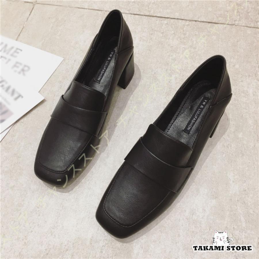 スクエアトゥ パンプス ローファー スリッポン レディース ヒール 秋 5cm 大きい靴 黒 疲れない 履きやすい 滑り止め 太ヒール チャンキーヒール 美脚 軽量