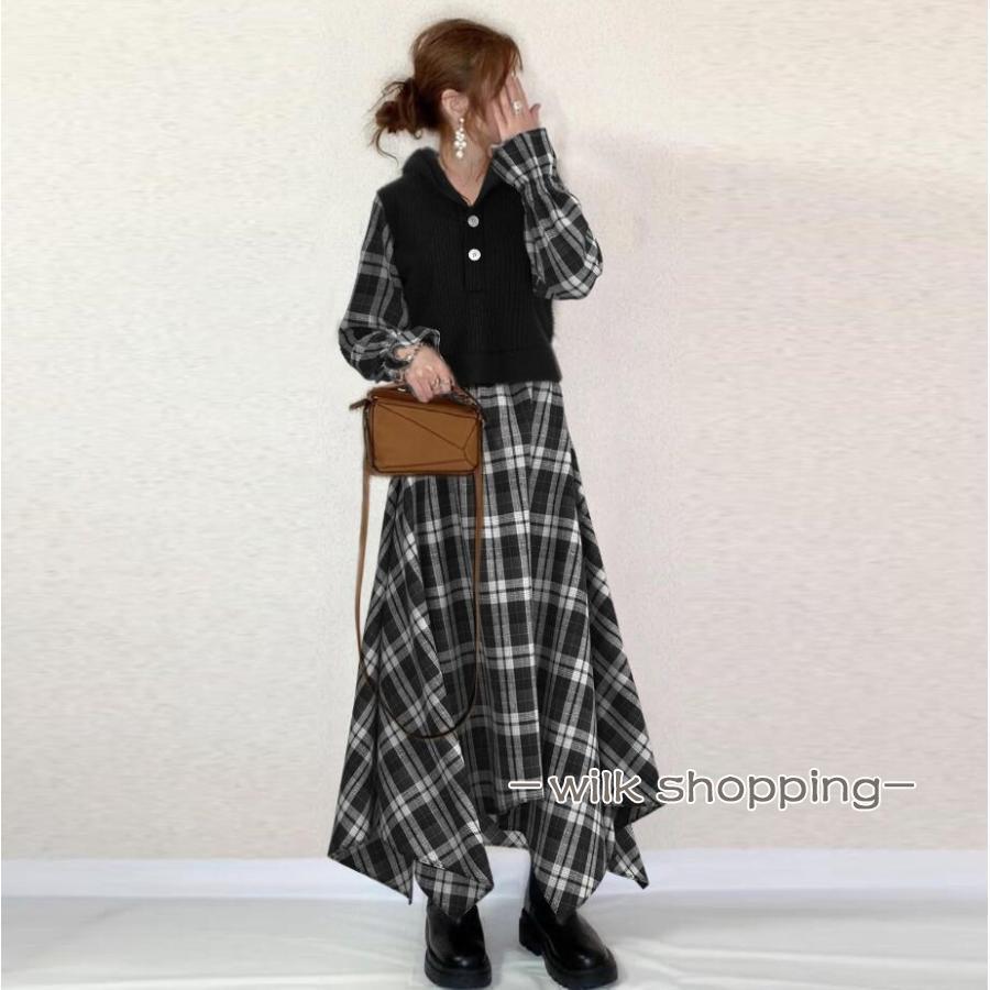 ドッキングワンピース レディース 秋服 チェック柄 フード付き ワンピース切り替え 無地 異素材 ロングワンピース 不規則裾 フレアワンピース 長袖ワンピース