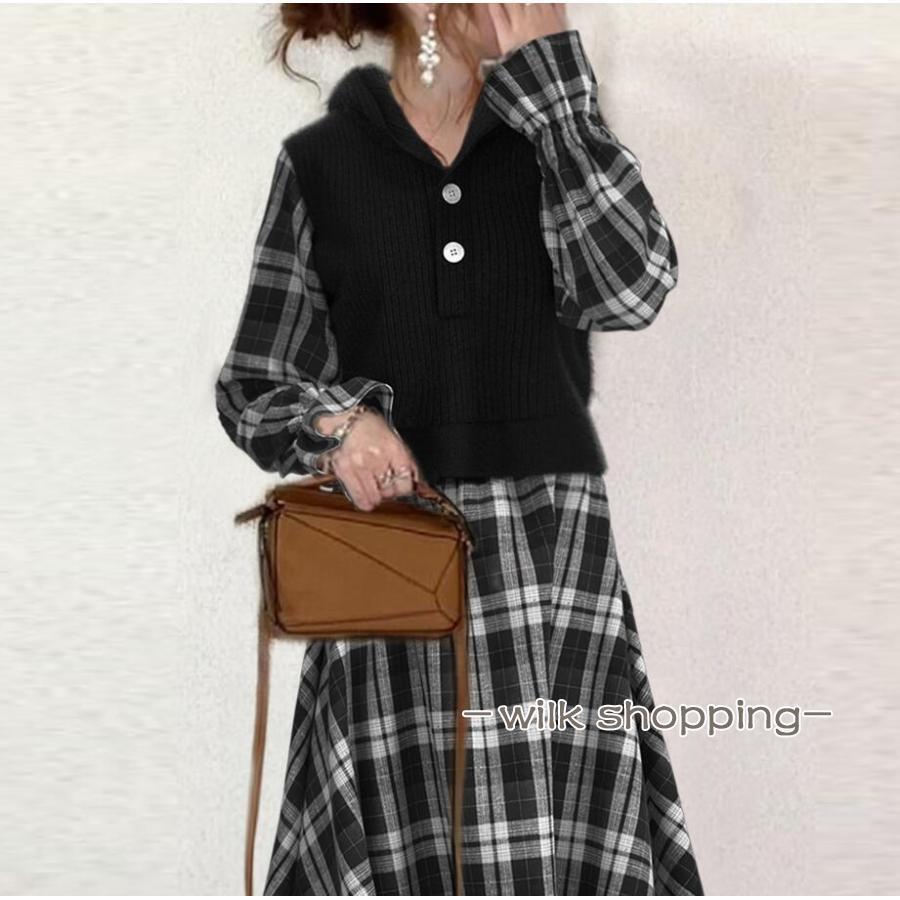 ドッキングワンピース レディース 秋服 チェック柄 フード付き ワンピース切り替え 無地 異素材 ロングワンピース 不規則裾 フレアワンピース 長袖ワンピース