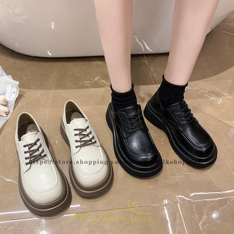 ローファー レディース 厚底シューズ JK パンプス 太めヒール 靴ひも 黒 女子靴 オシャレ 通勤 通学 コンフォート 10代20代30代40代 3