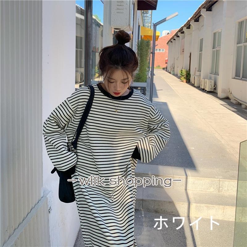 ワンピース 裏起毛 レディース秋冬 ボーダー柄 ロングワンピース ミモレ丈 サイドスリット 長袖ワンピース 裏フリースワンピース 冬インナー 丸首 プルオーバー