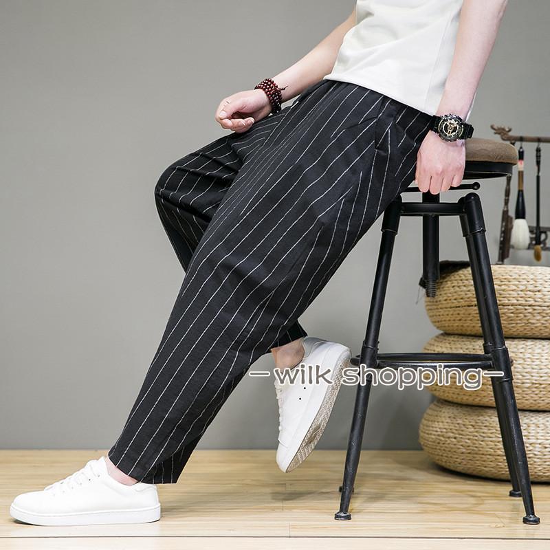 父の日　パンツ メンズ ストライプパンツ サルエルパンツ ボトムス ゆったり 涼し...