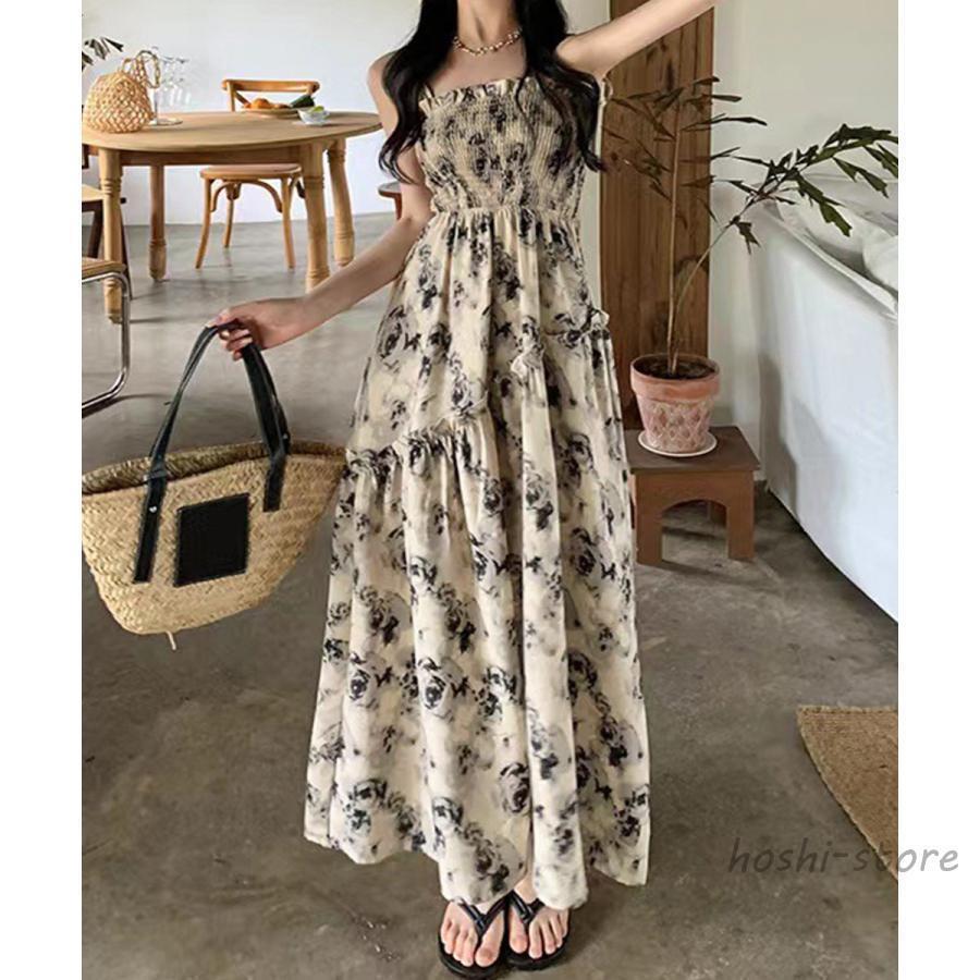 樂天商城 - 春 夏 秋 花柄 キャミワンピース 胸元シャーリング