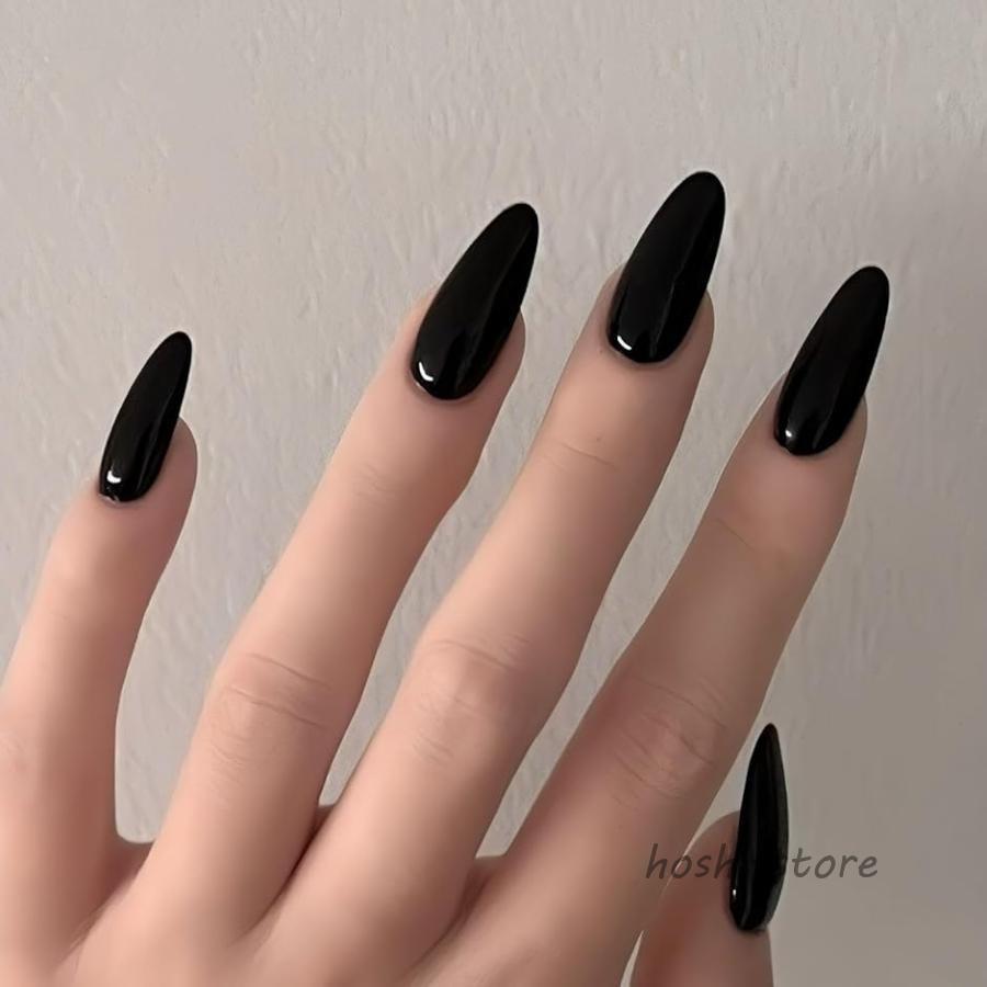 乐天商城 - ネイルチップ 黒 つけ爪 貼るだけ ギャル 韓国 かわいい 手作りブラック シンプル コギャル アーモンド (ブラック2, ミディアム)
