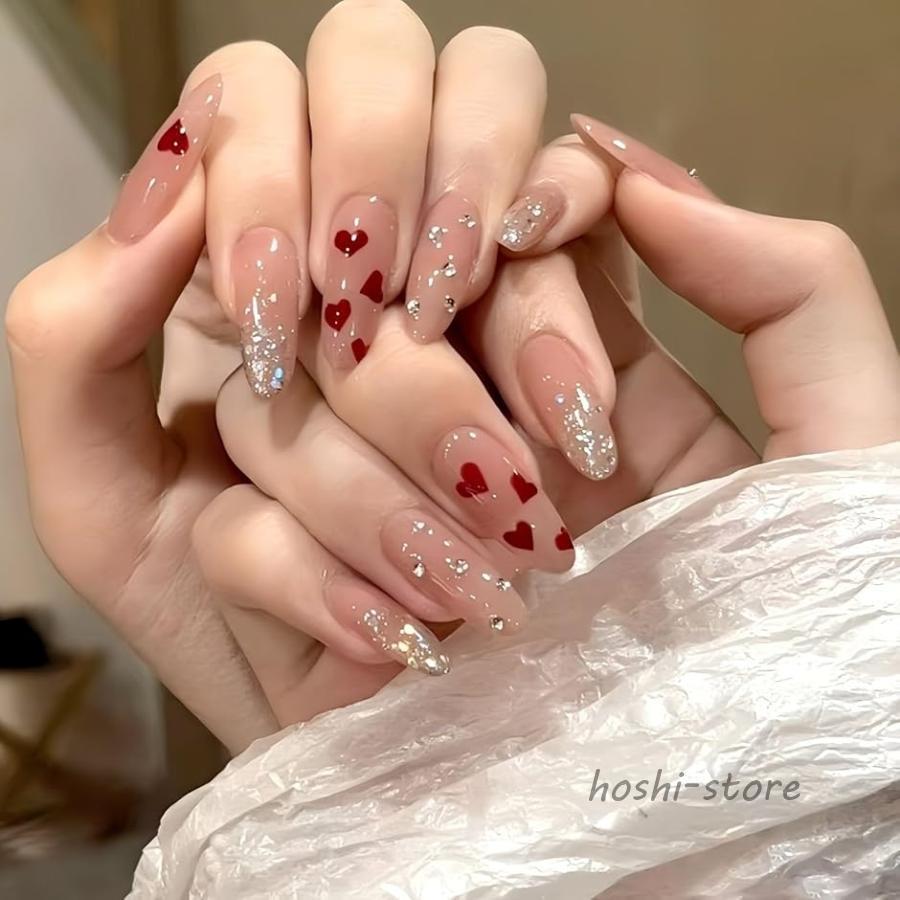 ネイルチップ ハート 貼るだけ バレリーナ ロング 韓国 ギャル 可愛い フレンチ つけ爪 nail グッズ(レッド3, ロング)