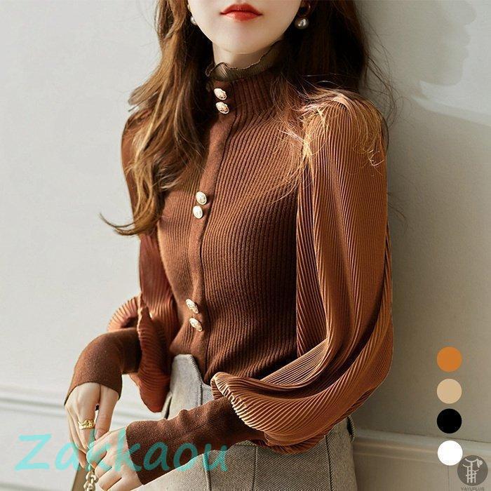 レディース ファッション トップス ニット ブラウス シャツ 長袖 バルーン 立ち襟 ボタン ゆったり 体型カバー 春秋冬 シンプル(4.0)