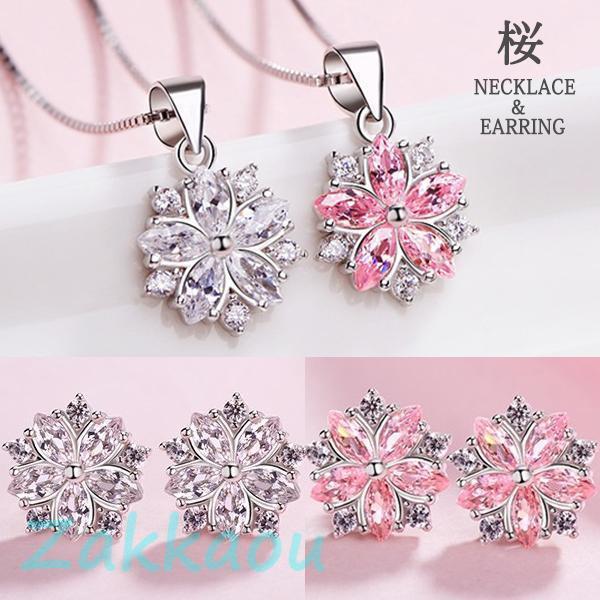 ネックレス レディース さくら 桜 ピアス ピンクダイヤ シルバー925 プラチナ仕上げ アクセサリー 女性 嫁 彼女 母の日ギフト 記念日