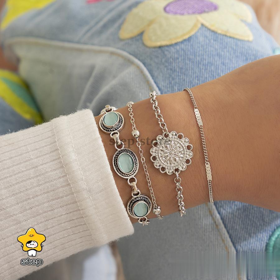 ブレスレット 4本セット レディース 女性用 アクセサリー フラワー ストーン チェ...