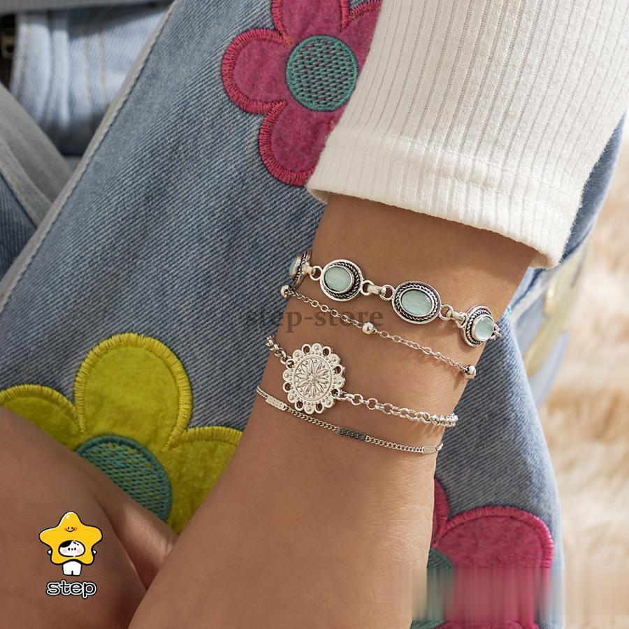 ブレスレット 4本セット レディース 女性用 アクセサリー フラワー ストーン チェ...