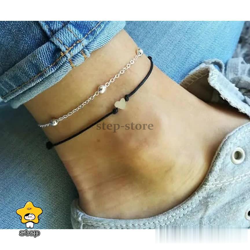 ニャンワークショップのアンクレット 重ね付け 2点セット レディース 女性 アクセサリー チェーン 紐 2連 ハート ゴールドカラー シルバーカラー おしゃれ 普段使い フ｜アングル2