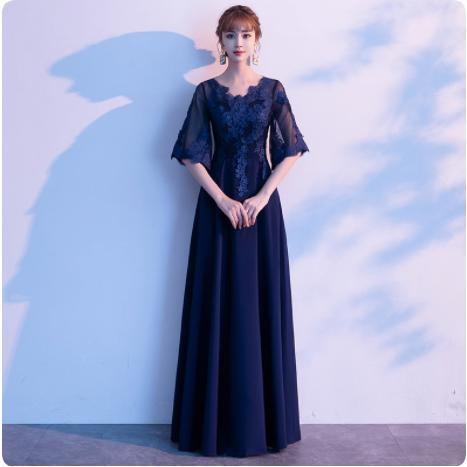 ドレス 大人 ピアノ 発表会 ロングドレス 演奏会 袖付き 結婚式ワンピース 袖あり パーティドレス ドレス お呼ばれ 綺麗なレース レース袖 5分袖