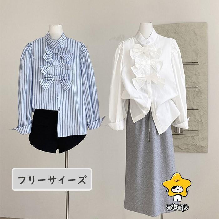 ブラウス レディース トップス シャツ 長袖 ストライプ リボン 無地 白シャツ 秋 春 大人 可愛い 通勤 通学 デート 旅行 薄手シャツ おしゃれ ホワイト ブルー