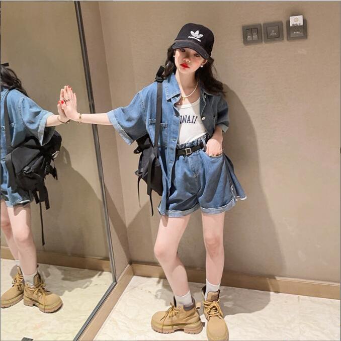 キッズ ダンス衣装 デニム セットアップ ベスト ズボン 上下セット ヒップホップ 練習着 韓国 女の子 ショート丈パンツ シャツ ノースリーブ ジャズダンス