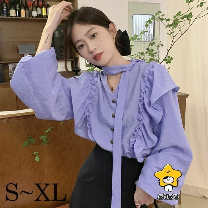 樂天商城 - トップス ブラウス リボン付き エレガント 長袖 女性用 秋 春 韓国風 ラッフル シャツ お洒落 通勤 仕事 きれいめ おしゃれ 優しい パープル