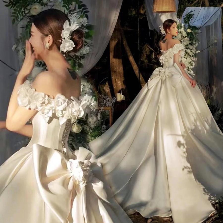 Rakuten - ウェディングドレス ウエディングドレス 二次会 結婚式 前撮り ブライダル ロングドレス 花嫁 プリンセスドレス フラワー リボン サテン オフショルダー 可愛い