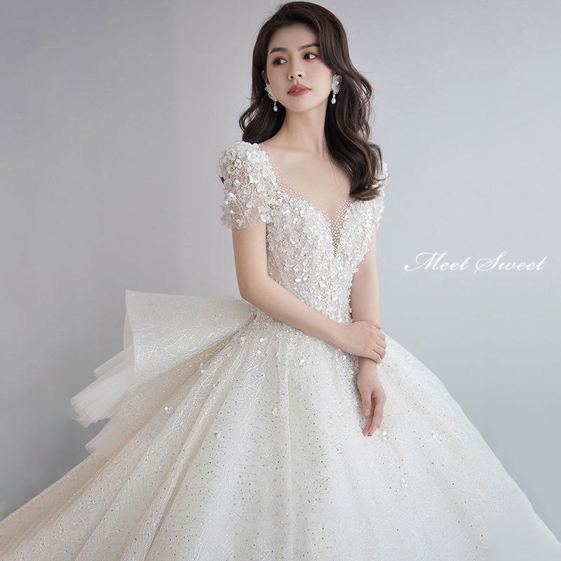 Rakuten - ウェディングドレス ウエディングドレス 二次会 結婚式 前撮り ブライダル ロングドレス 花嫁 プリンセスドレス プリンセスラインドレス 半袖 キラキラ 華やか