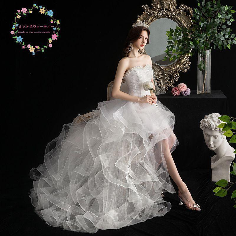 Rakuten - ウェディングドレス 花嫁 二次会 ウエディングドレス 結婚式 ロングドレス フワフワフリルスカート 白 ビスチェ ベアトップ 挙式 披露宴 ブライダル 編み上げ
