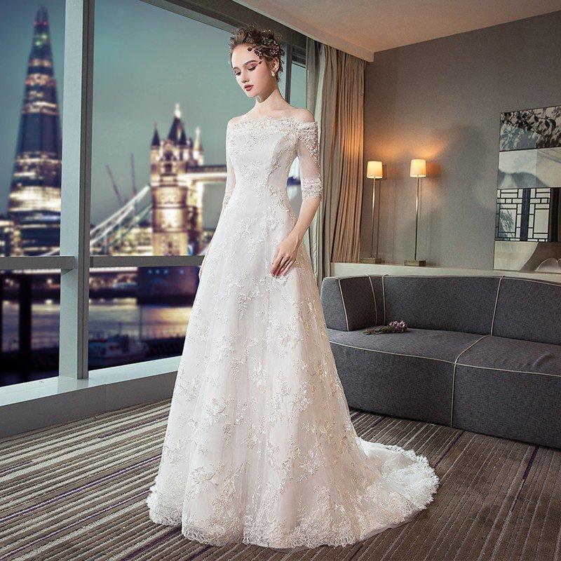Rakuten - ウエディングドレス aライン 安い 半袖 ウェディングドレス ロング 花嫁 結婚式 白 パーティードレス 二次会 ブライダルワンピース 演奏会 イブニングドレス