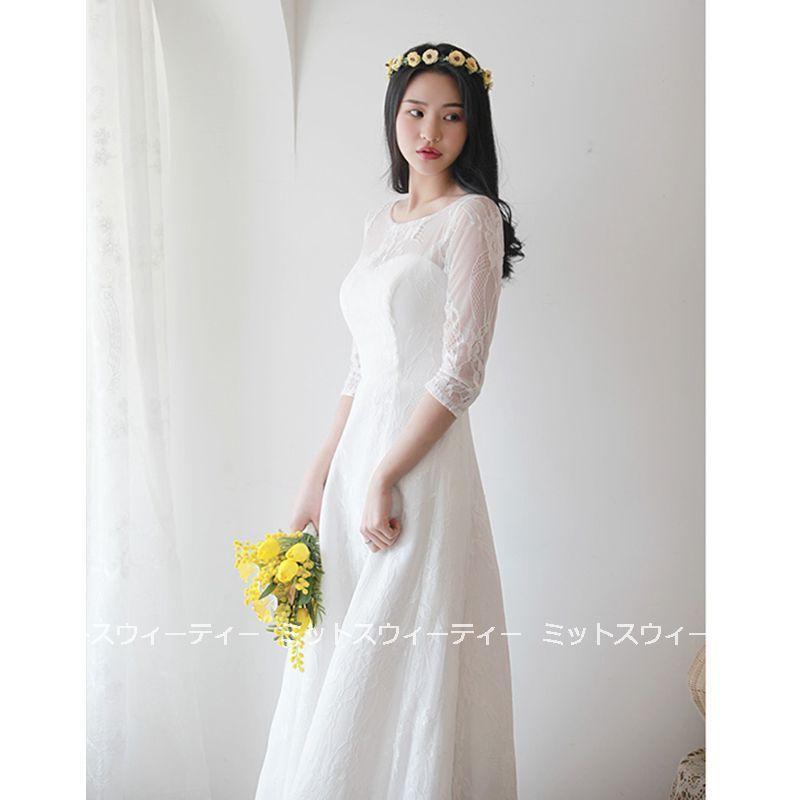 ニャンワークショップのウェディングドレス aラインドレス レース ウエディングドレス 二次会 花嫁 パーティードレス 披露宴 ブライダル 結婚式 ロングドレス シンプル エレガント 上品｜アングル3