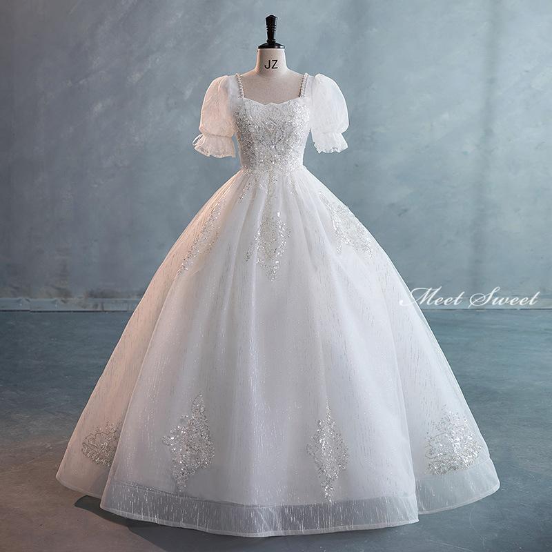 ウェディングドレス ウエディングドレス パフスリーブ 二次会 結婚式 前撮り ブライダル ロングドレス 花嫁 プリンセスドレス プリンセスラインドレス リボン