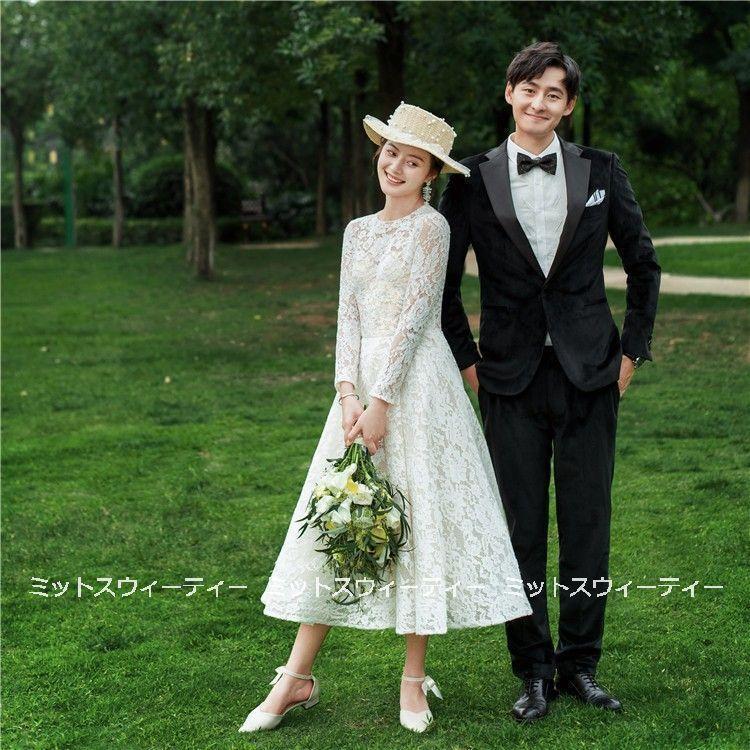 ウェディングドレス ウエディングドレス ロングドレス ミモレ丈ワンピース レース 結婚式 二次会 花嫁 前撮りドレス ガーデンウェディング ハネムーンフォト