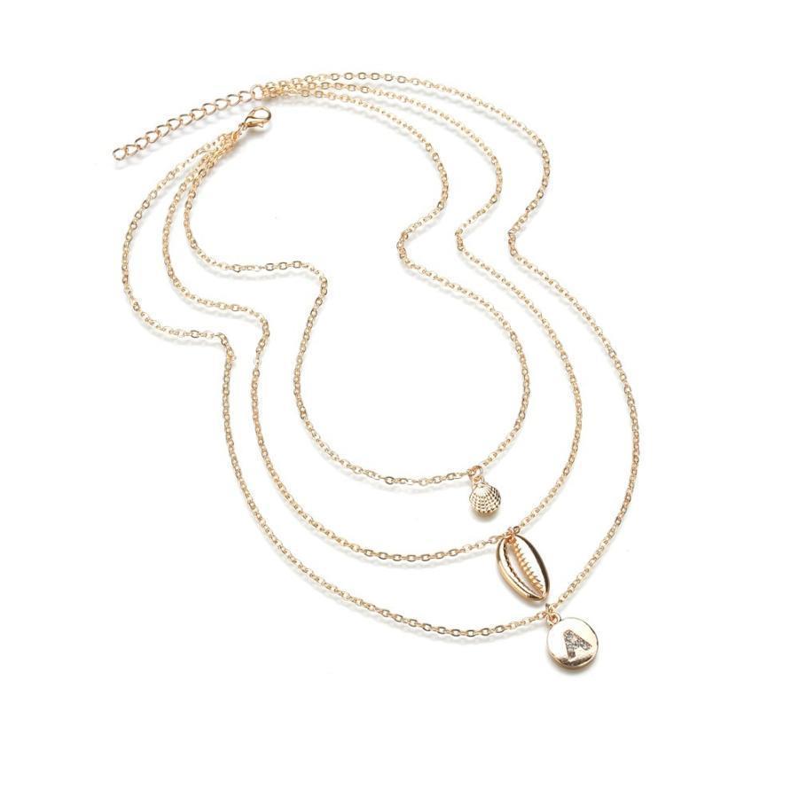 ニャンワークショップのネックレス 3連 アクセサリー ジュエリー チェーン 貝 巻き貝 シェル アルファベット A シンプル おしゃれ ゴールドカラー 上品 大人 細身 レ｜アングル3